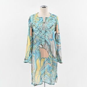 RAJ Tunic Dress Size M Blue Embroidered Printed‎ Cotton Relaxed Fit Bohemian